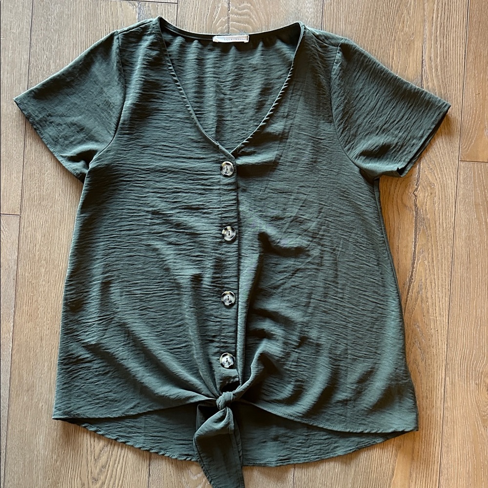 Maternity Green Button-Down Tie-Front Top